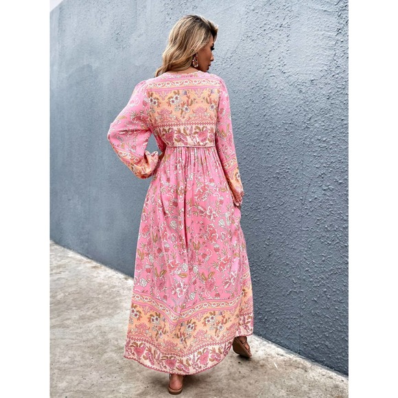 Boho Floral Print Tie Neck long sleeve Smock Dress maxi pink - Picture 3 of 8